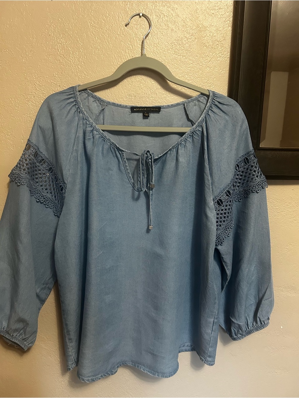 Chambray Light Blue Peasant Blouse with Crochet Detail